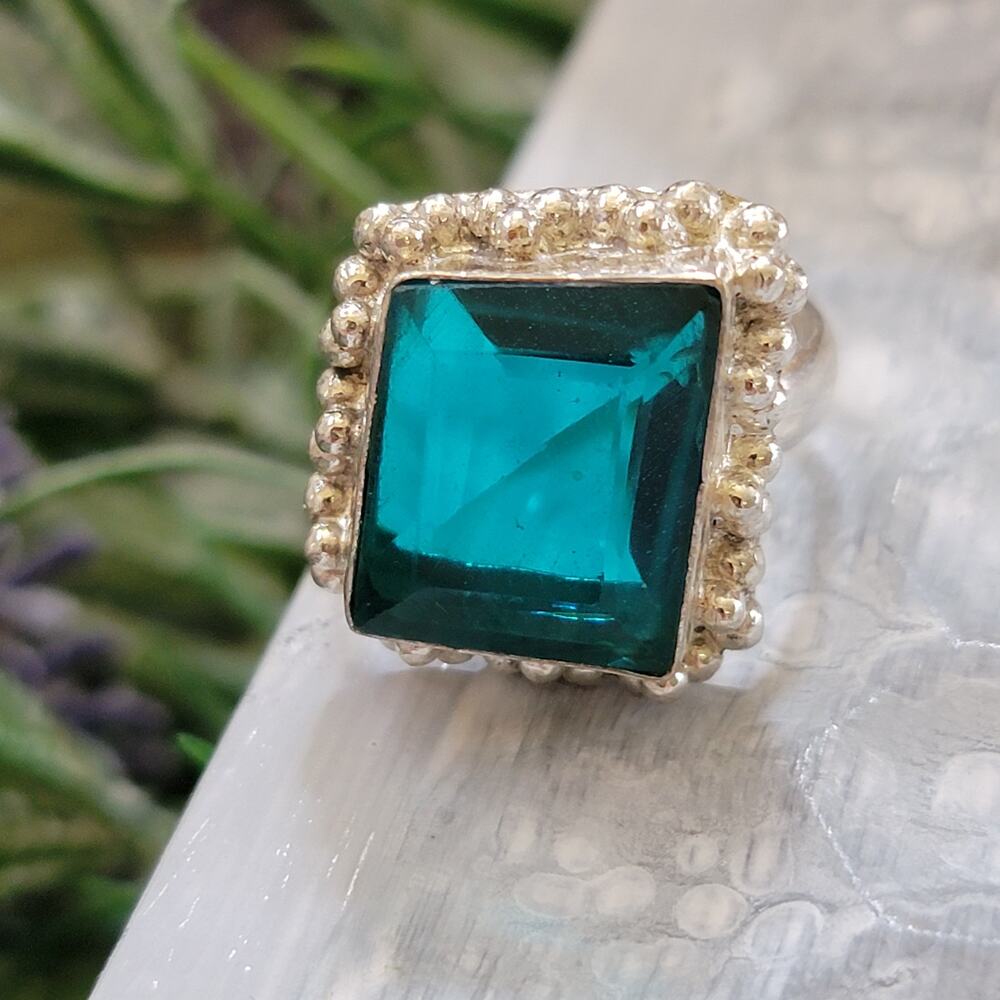 Teal Stone Statement rings, Sterling Silver Ring 0.72 Inch Stone, Size 8.75